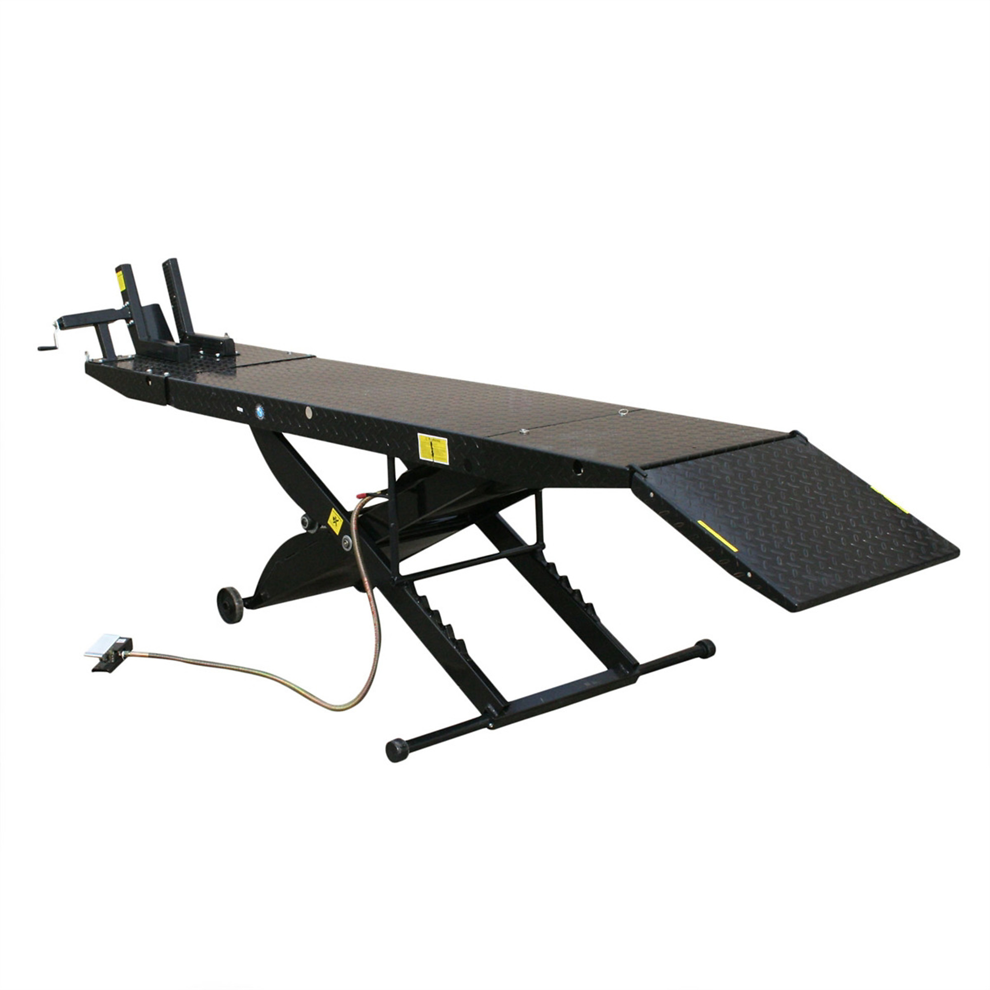 Atlas Automotive Equipment CYCLELIFT Portable Motorcycle Lift, 1,000lbs., 33" Full Lift Height, 93" Table Length, Air-operated, Diamond Plate Surface, Front Wheel Vise, Removeable Rear Section